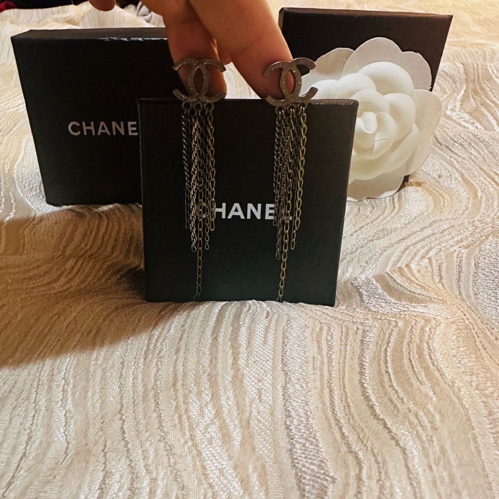 ESTATE SALE Rare CHANEL Gold and Brushed Metal Chain Drop Earrings